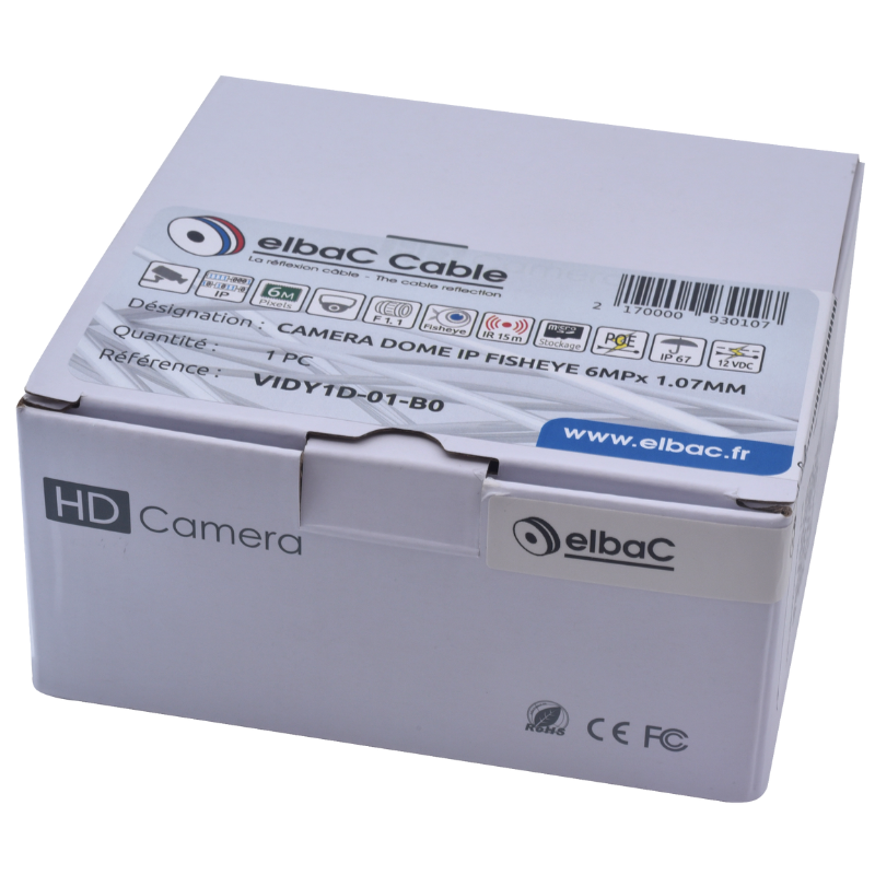 Caméras de surveillance Caméra dôme IP fisheye 6MPx 1.07MM Boite 1 PC - VIDY1D-01-B0 - ELBAC