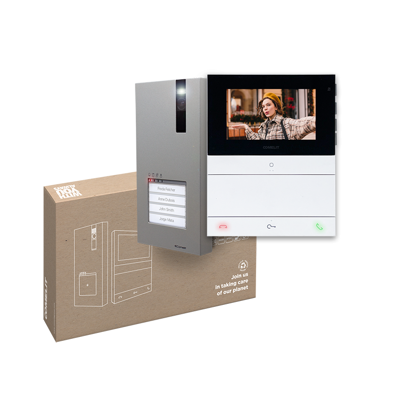 Kit portier vidéo Kit Vidéophonie 4 habitations platine Quadra + moniteur mains libres 4,3" - COMELIT