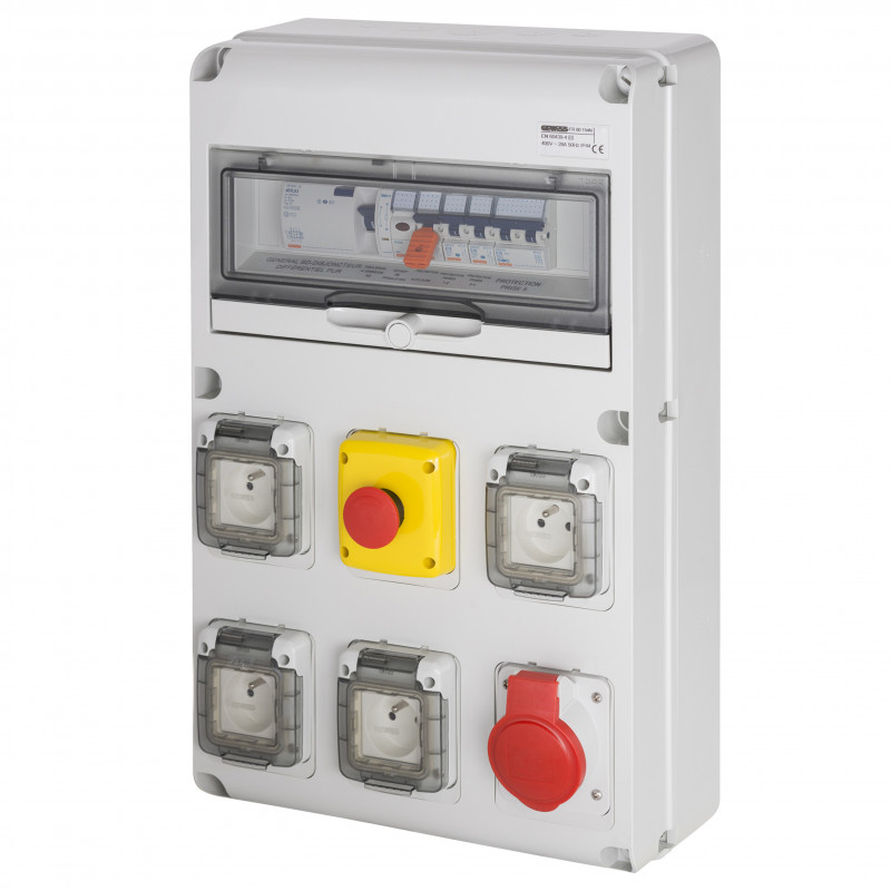 Tableau pré-équipé Coffret triphasé bouton d'arrêt urgence 16A, 4 prises 230V + 1 prise 400V, différentiel 30mA, IP44 - GEWISS