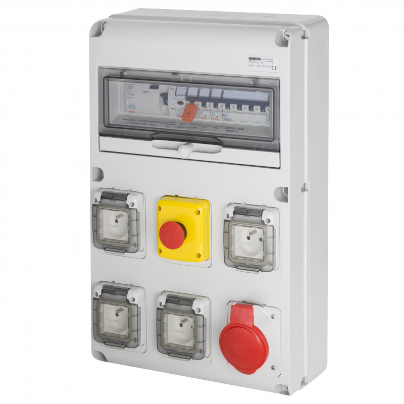 Tableau pré-équipé Coffret triphasé bouton d'arrêt urgence 32A, 4 prises 230V + 1 prise 400V, différentiel 30mA, IP44 - GEWISS
