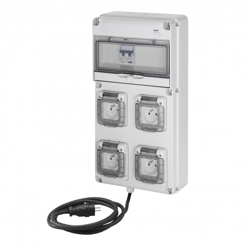 Tableau pré-équipé Coffret monophasé 16A, 4 prises 16A, différentiel 30mA, câble 3m H07 3×2,5mm² + fiche mobile, IP65 - GEWISS