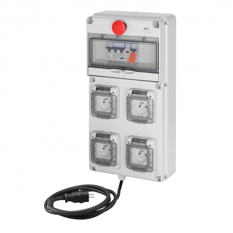 Tableau pré-équipé Coffret monophasé 16A, 4 prises 16A, différentiel 30mA, arrêt d’urgence + fiche mobile - GEWISS