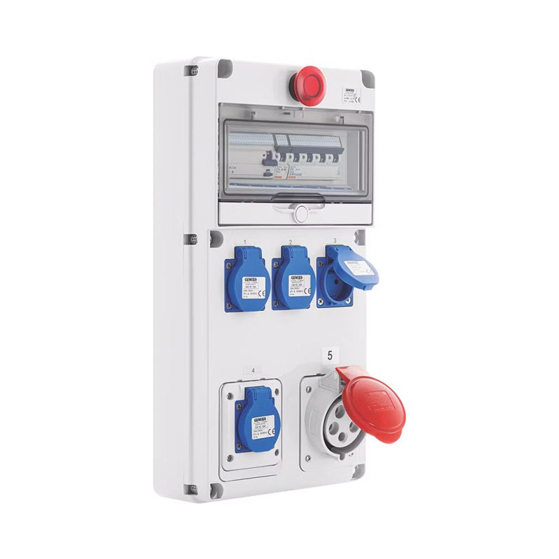 Tableau pré-équipé Pack coffret chantier triphasé + neutre 26kVA – 5 prises (4 × 230V / 1 × 400V 32A) + arrêt d’urgence IP44 ...