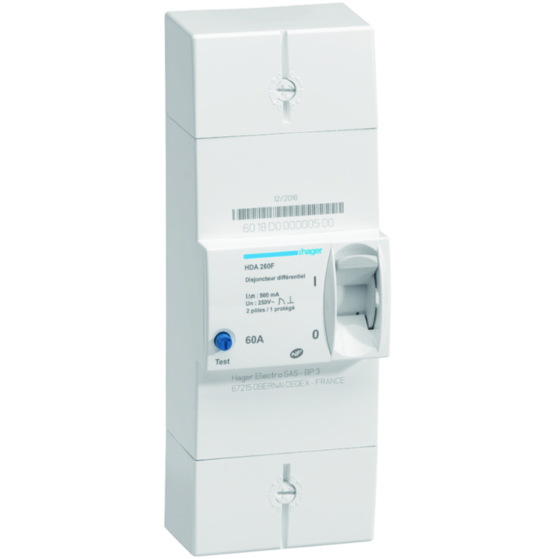 Disjoncteur différentiel Disjoncteur de branchement différentiel 2P 60A 500mA instantané - HAGER