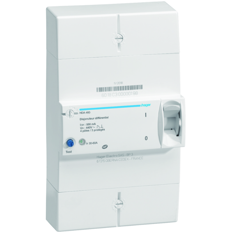 Disjoncteur différentiel Disjoncteur de branchement différentiel 4P 30/60A 500mA instantané - HAGER Disjoncteur différentiel Disjoncteur de branchement différentiel 4P 30/60A 500mA instantané - HAGER