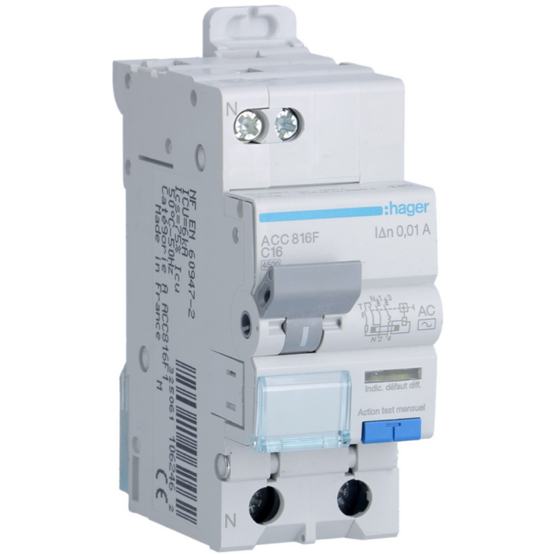Disjoncteur différentiel Disjoncteur différentiel 1P+N 4.5-6kA courbe C - 16A 10mA type AC - HAGER