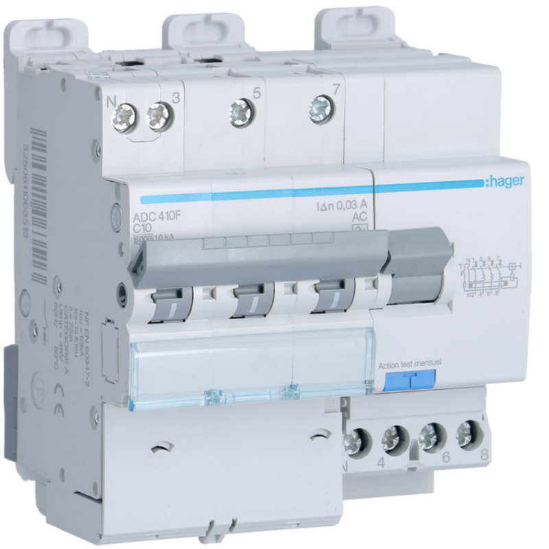 Disjoncteur différentiel Disjoncteur différentiel 3P+N 6-10kA courbe C - 10A 30mA type AC - HAGER
