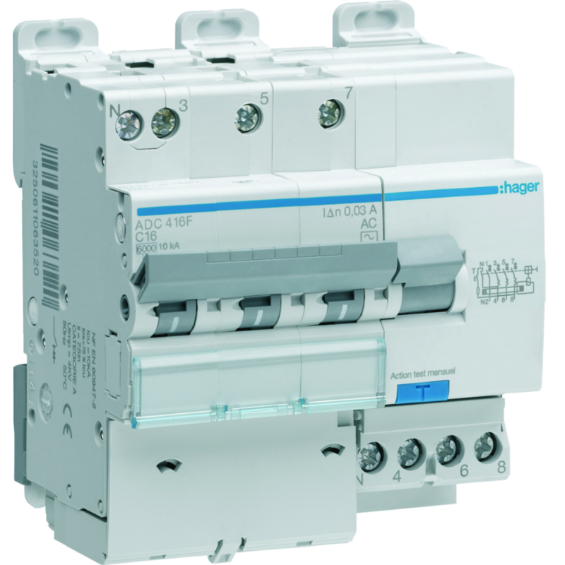 Disjoncteur différentiel Disjoncteur Différentiel 3P+N 6-10kA courbe C - 16A 30mA type AC - HAGER
