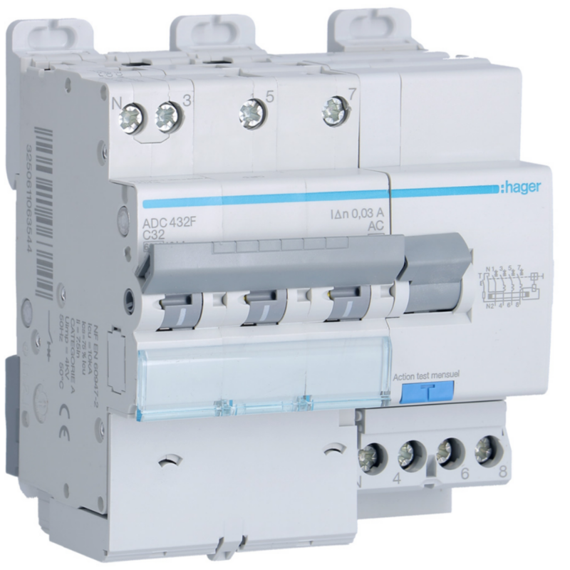 Disjoncteur différentiel Disjoncteur Différentiel 3P+N 6-10kA courbe C - 32A 30mA type AC - HAGER