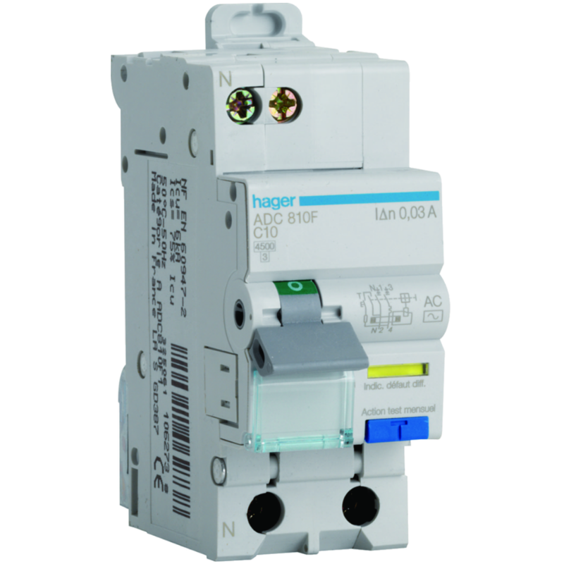 Disjoncteur différentiel Disjoncteur différentiel 1P+N 4.5-6kA courbe C - 10A 30mA type AC - HAGER