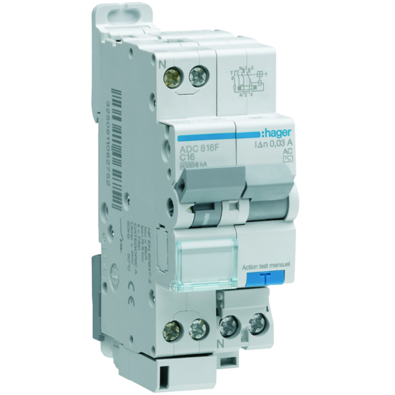 Disjoncteur différentiel Disjoncteur différentiel 1P+N 4.5-6kA C-16A 30mA type AC - HAGER