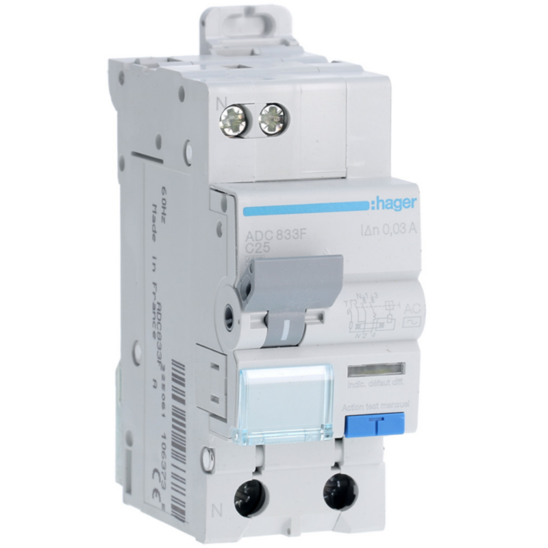 Disjoncteur différentiel Disjoncteur différentiel 1P+N 4.5kA C-25A 30mA type AC 60Hz - HAGER