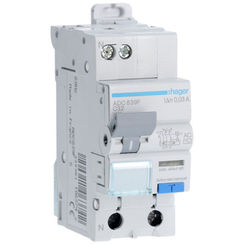 Disjoncteur différentiel Disjoncteur différentiel 1P+N 4.5kA C-32A 30mA type AC 60Hz - HAGER