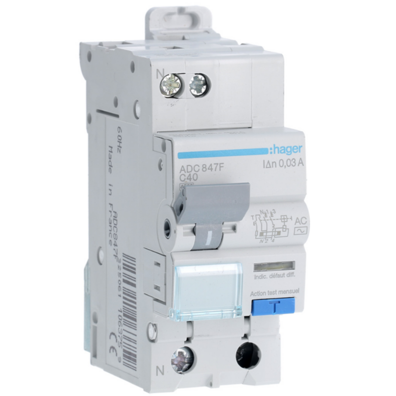 Disjoncteur différentiel Disjoncteur différentiel 1P+N 4.5kA C-40A 30mA type AC 60Hz - HAGER