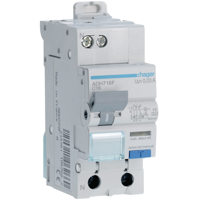 Disjoncteur différentiel Disjoncteur différentiel 1P+N 3kA C-16A 30mA type Haute Immunité - HAGER