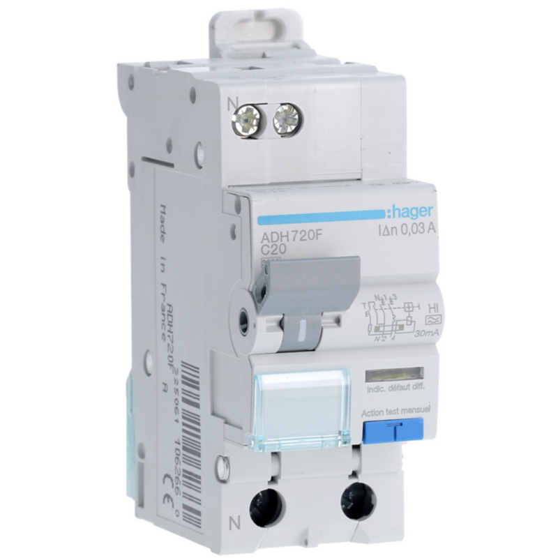 Disjoncteur différentiel Disjoncteur différentiel 1P+N 3kA C-20A 30mA type Haute Immunité - HAGER