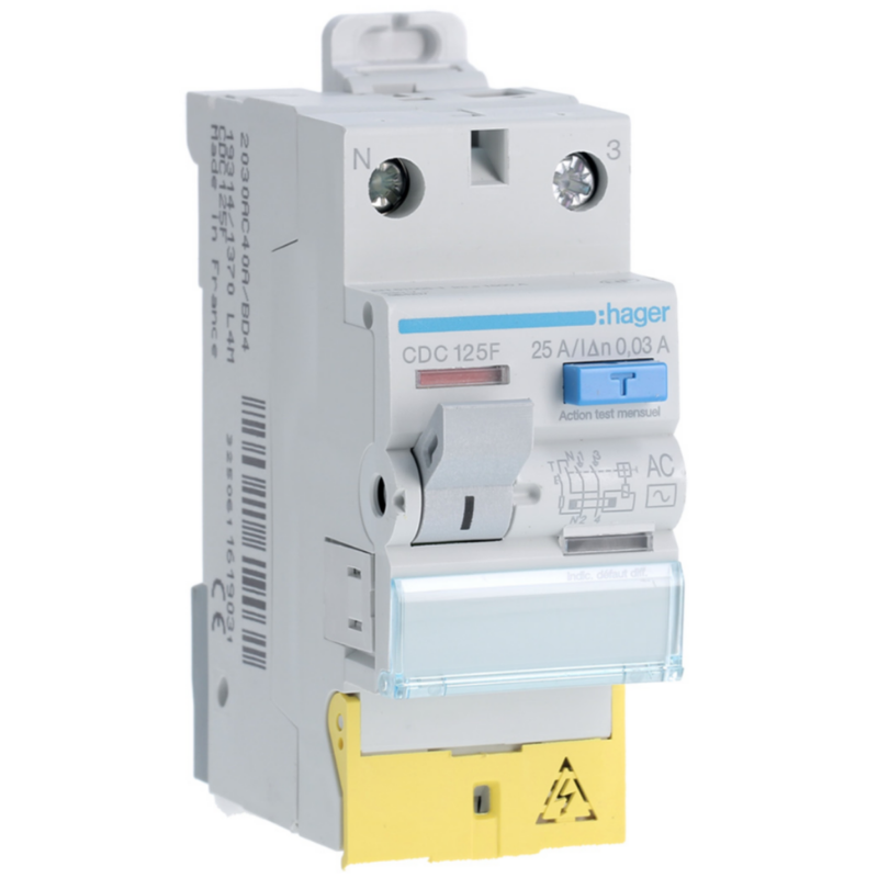 Interrupteur différentiel Interrupteur différentiel 1P+N 25A 30mA type AC à bornes décalées - HAGER