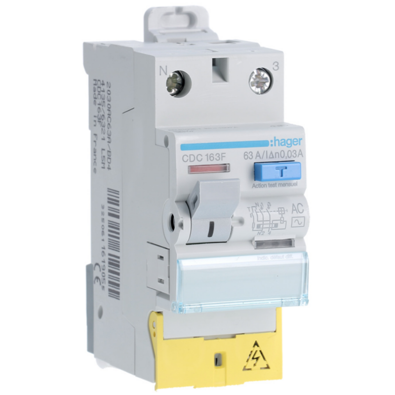 Interrupteur différentiel Interrupteur différentiel 1P+N 63A 30mA type AC à bornes décalées - HAGER
