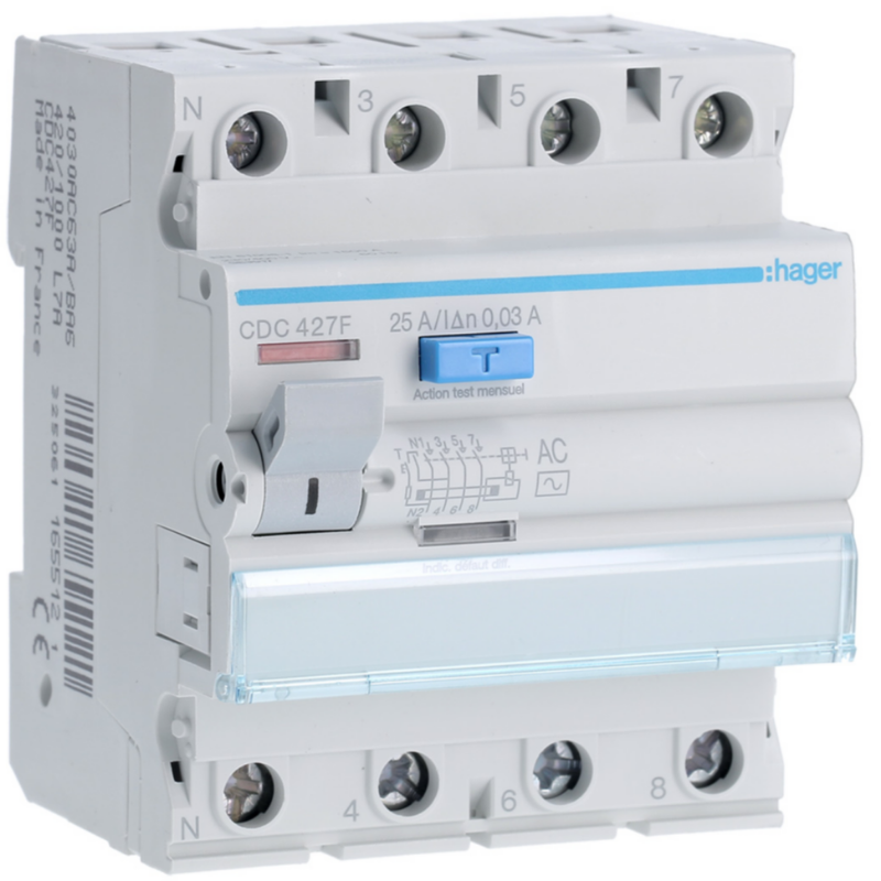 Interrupteur différentiel Interrupteur différentiel 4P 25A 30mA type AC 60Hz - HAGER