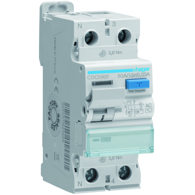 Interrupteur différentiel Interrupteur différentiel 1P+N 80A 30mA type AC - HAGER