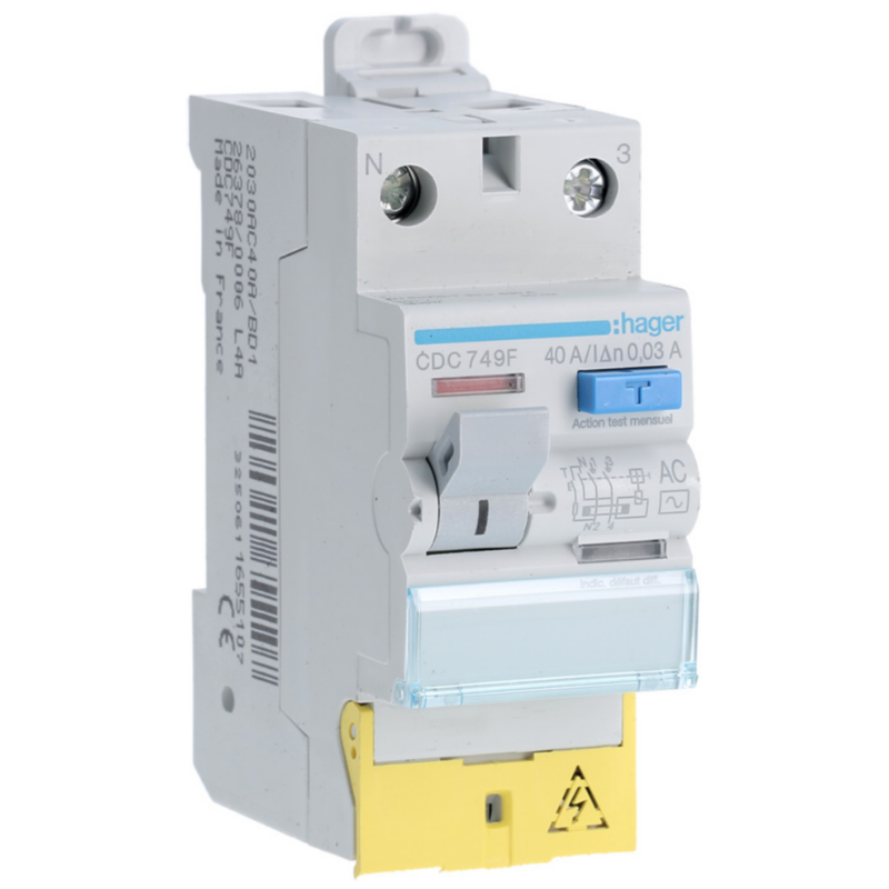 Interrupteur différentiel Interrupteur différentiel 2P 40A 30mA type AC à bornes décalées 60Hz - HAGER