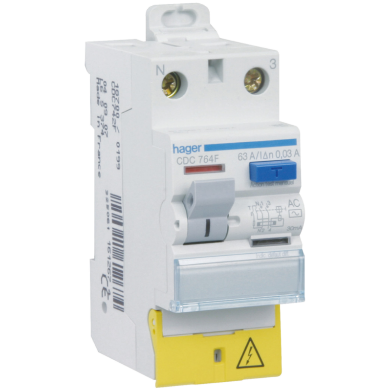Interrupteur différentiel Interrupteur différentiel 2P 63A 30mA type AC à bornes décalées - HAGER