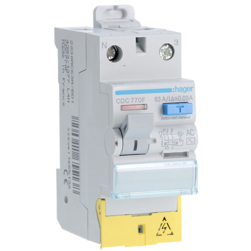 Interrupteur différentiel Interrupteur différentiel 2P 63A 30mA type AC à bornes décalées 60Hz - HAGER