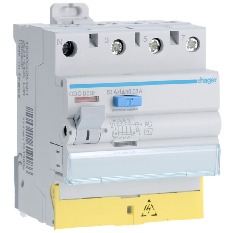 Interrupteur différentiel Interrupteur différentiel 3P+N 63A 30mA type AC à bornes décalées - HAGER