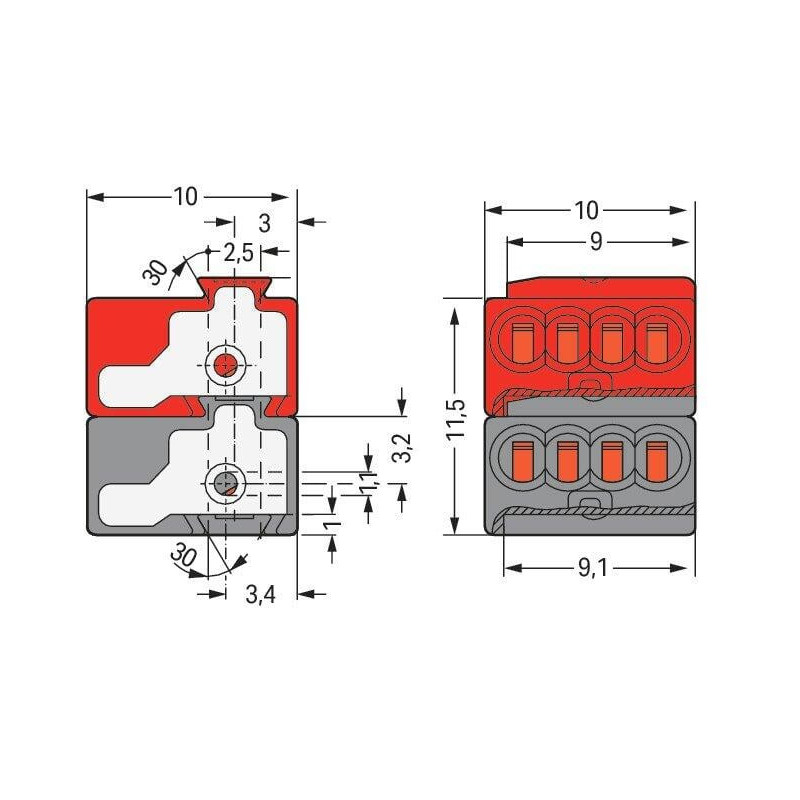 Bornes de connexion WAGO Connecteur femelle pour 4 conducteurs PUSH WIRE® Gris foncé et Rouge - Boite de 50 - WAGO