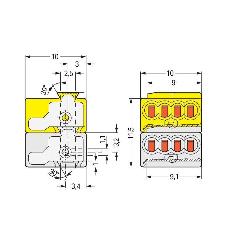Bornes de connexion WAGO Connecteur femelle pour 4 conducteurs PUSH WIRE® Gris clair et Jaune - Boite de 50 - WAGO