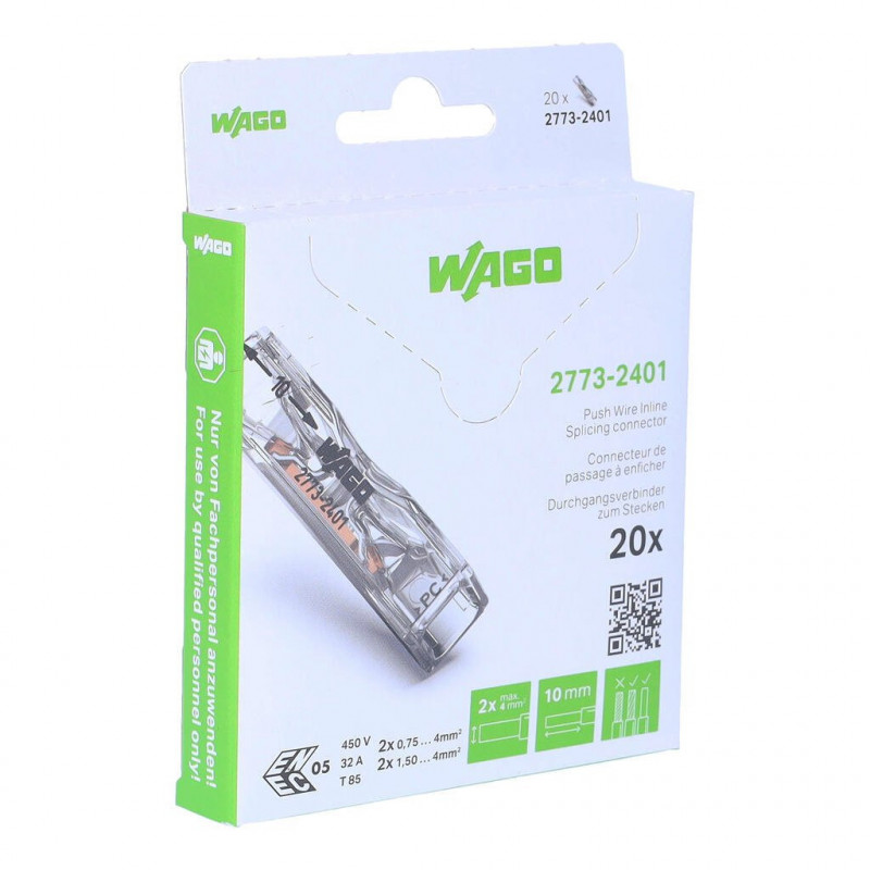 Bornes de connexion WAGO Borne WAGO 2773 Inline 2x4mm² rigide & semi-rigide - Boite de 20 - WAGO
