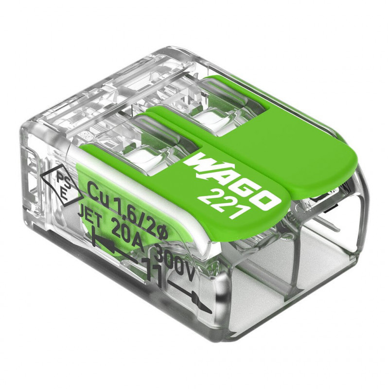 Bornes de connexion WAGO Borne WAGO 221 Green 2x4mm² à leviers souple & rigide - Boite de 100 - WAGO