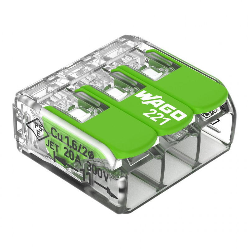 Bornes de connexion WAGO Borne WAGO 221 Green 3x4mm² à leviers souple & rigide - Boite de 50 - WAGO