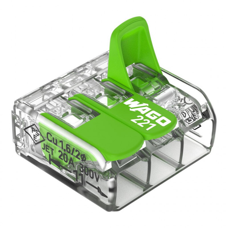 Bornes de connexion WAGO Borne WAGO 221 Green 3x4mm² à leviers souple & rigide - Boite de 50 - WAGO