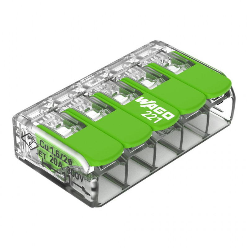 Bornes de connexion WAGO Borne WAGO 221 Green 5x4mm² à leviers souple & rigide - Boite de 25 - WAGO
