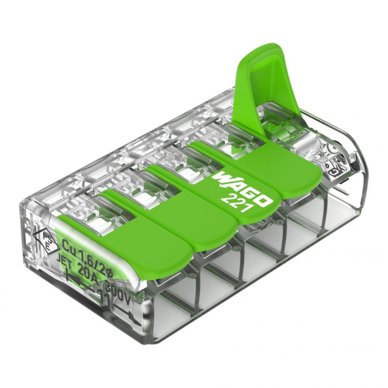 Bornes de connexion WAGO Borne WAGO 221 Green 5x4mm² à leviers souple & rigide - Boite de 25 - WAGO