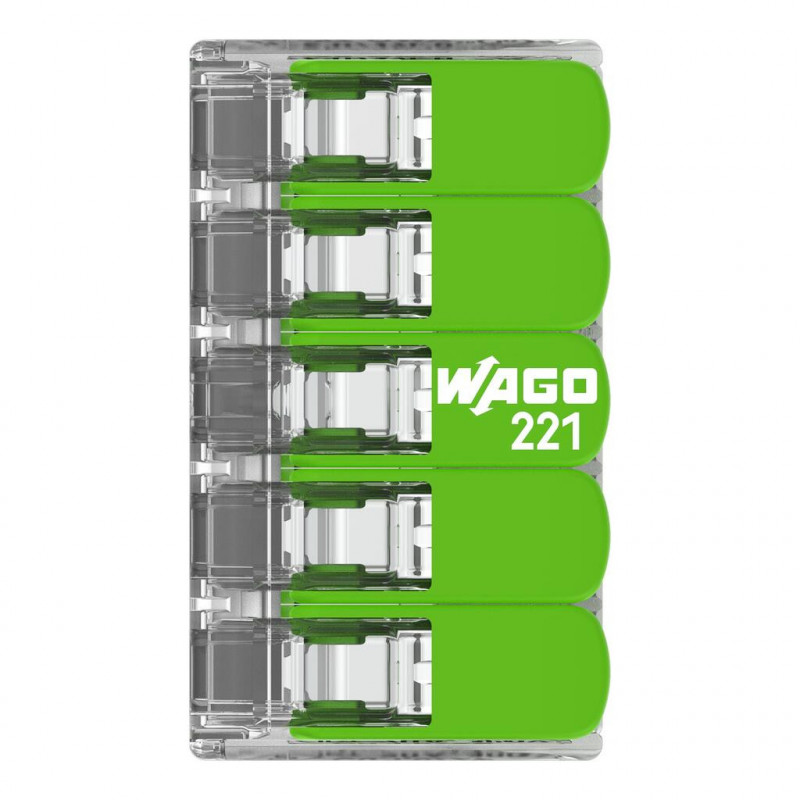 Bornes de connexion WAGO Borne WAGO 221 Green 5x4mm² à leviers souple & rigide - Boite de 25 - WAGO