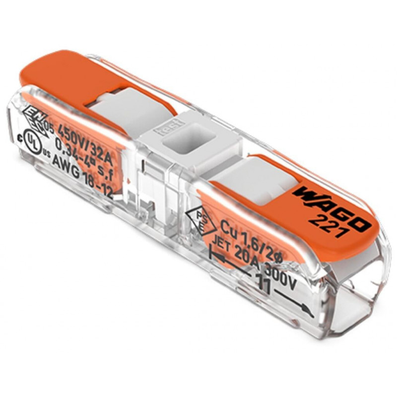 Bornes de connexion WAGO Borne WAGO 221 Inline 2x4mm² à leviers souple & rigide - Boite de 60 - WAGO