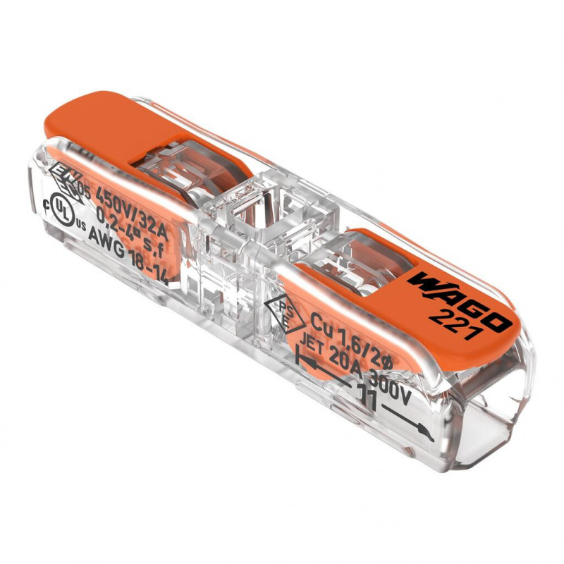 Bornes de connexion WAGO Borne WAGO 221 Inline 2x4mm² à leviers souple & rigide - Boite de 60 - WAGO