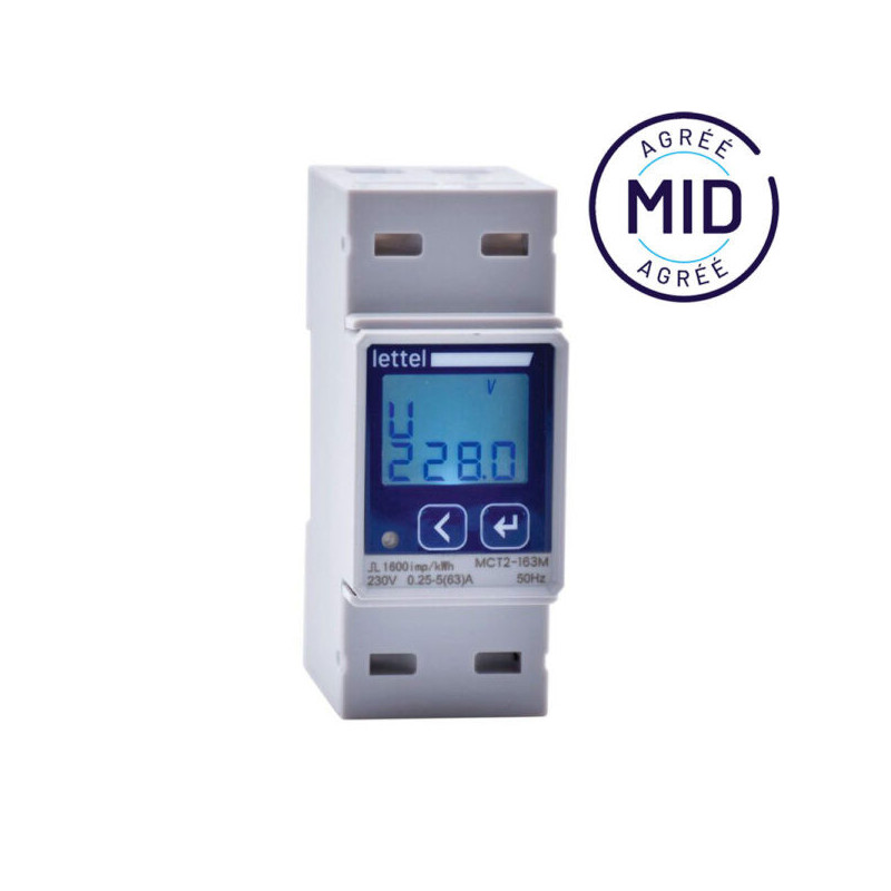 Compteurs d'énergie Compteur d'énergie multi-mesures mono 63A direct - Agrément MID et com Modbus - LETTEL