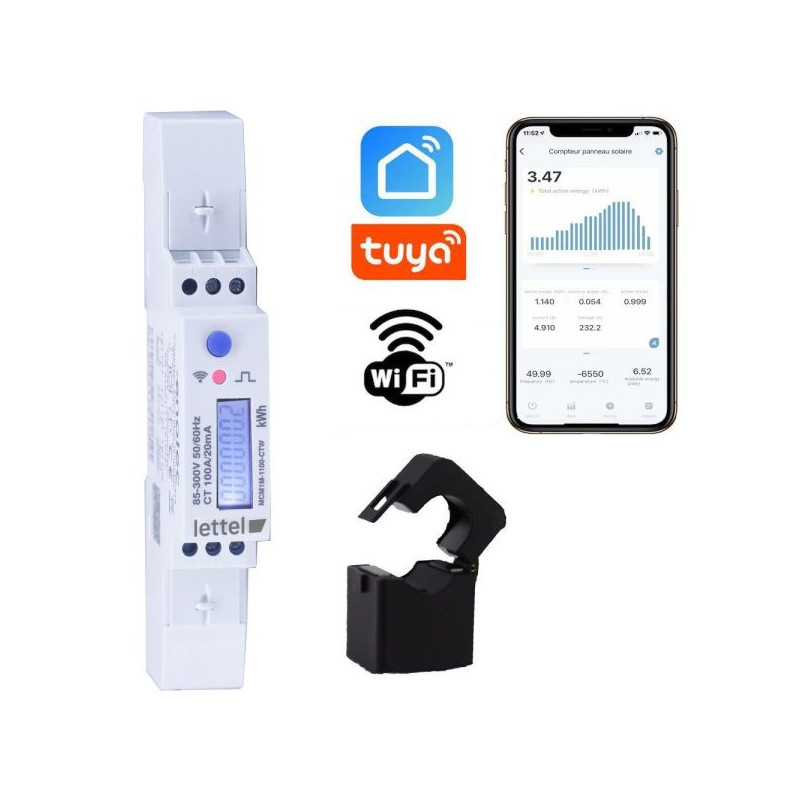Compteurs d'énergie Compteur monophasé multimesure 100A sur TC fourni. Com Wifi et appli smartphone. - LETTEL