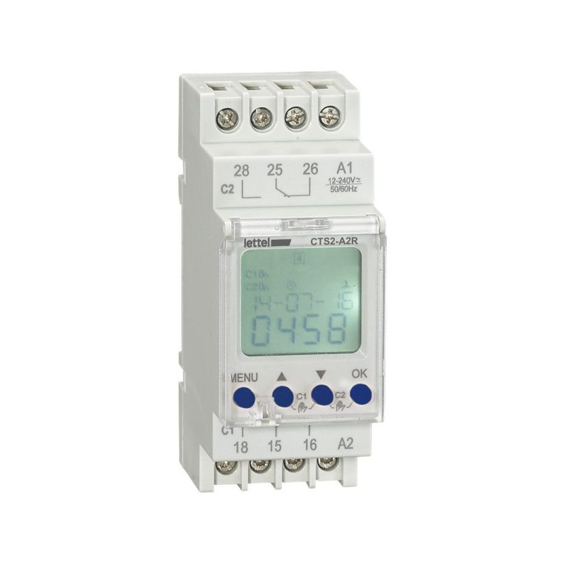 Interrupteurs et minuteries Horloge astronomique hebdomadaire - 2 canaux - 2 relais 16A - tension 12-230V.  - LETTEL