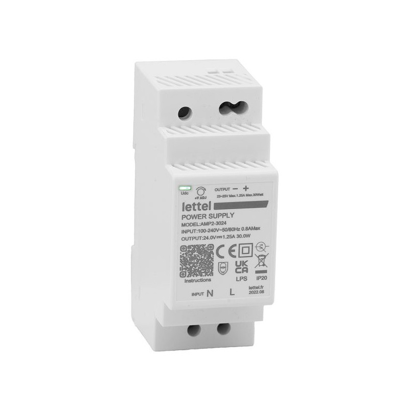 Produits industriels Alimentation 230Vca/15Vcc, puissance 30W. Fixation rail-din, largeur 2 modules. - LETTEL