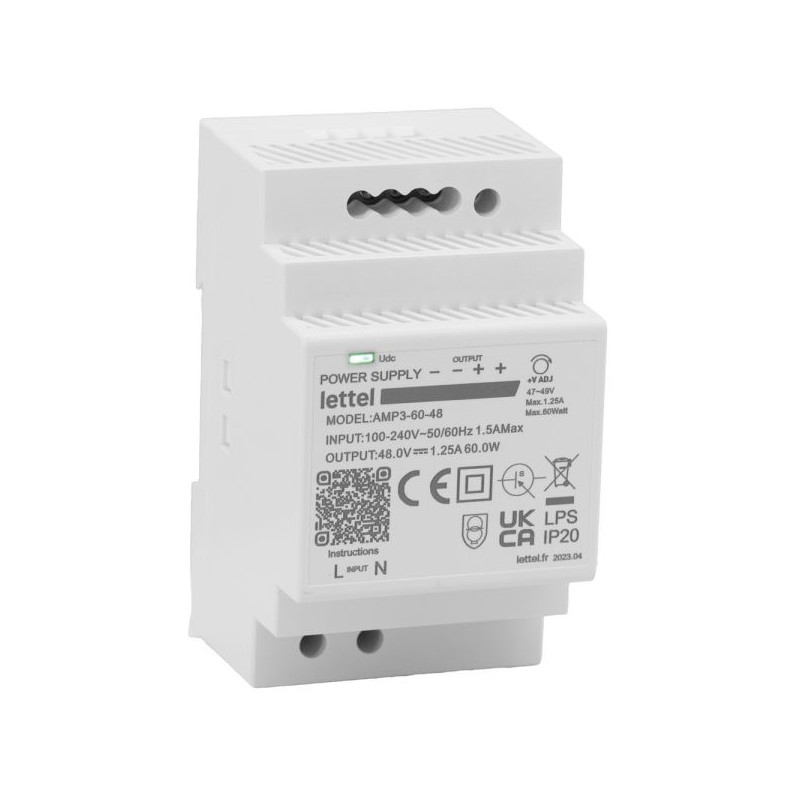 Produits industriels Alimentation 230Vca/15Vcc, puissance 60W. Fixation rail-din, largeur 3 modules. - LETTEL