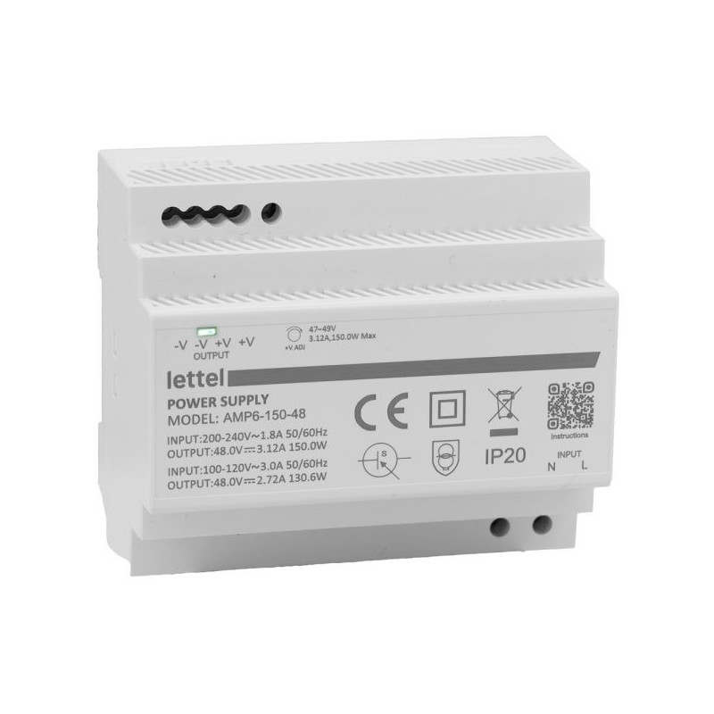 Produits industriels Alimentation 230Vca/48Vcc, puissance 150W. Fixation rail-din, largeur 6 modules. - LETTEL